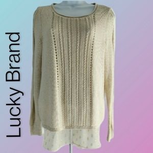 Lucky Brand Cotton Cropped Open Back Sweater Sheer Lining Natural/Gold Medium
